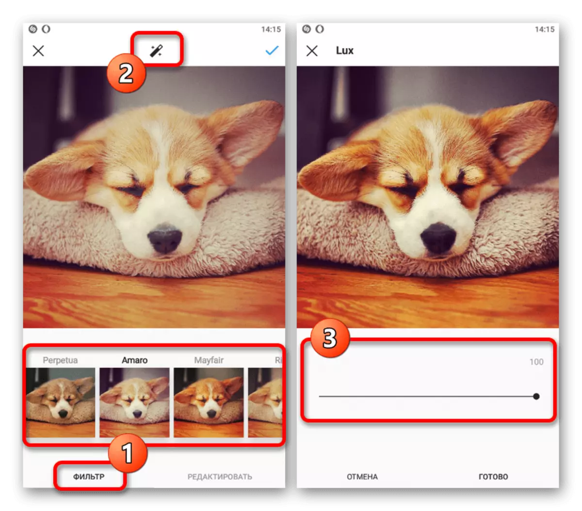 Un exemple de la configuració de filtres en l'aplicació mòbil Instagram