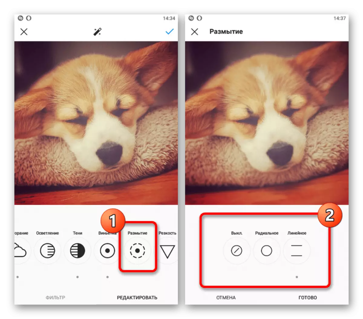 Намунаи илова кардани Blur ба тасвир дар барномаи мобилии Instagram