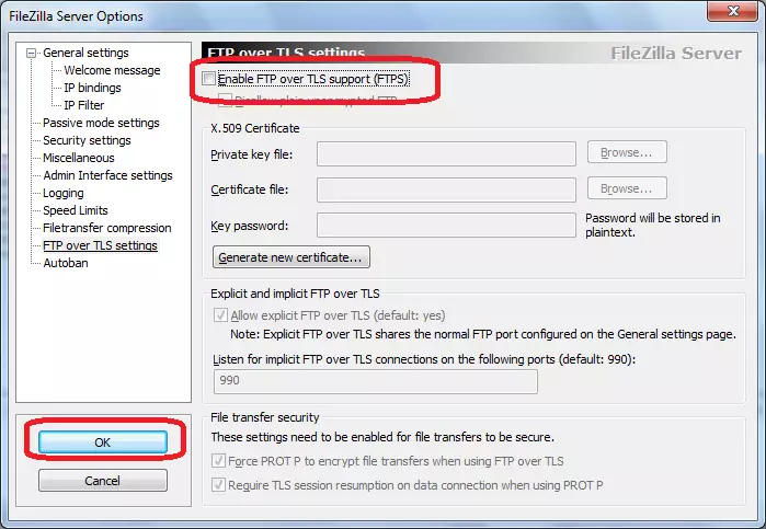 Çaktivizo TLS në FileZilla Server
