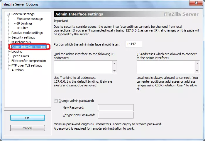 Admin Interface Settings FileZilla сервері