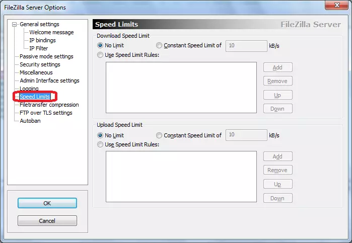Limites de velocidade FileZilla Server