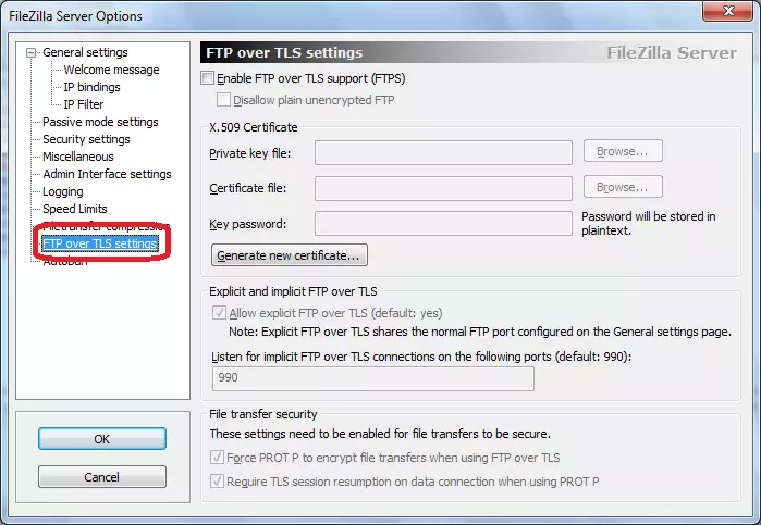 FTP მეტი TLS პარამეტრები FileZilla სერვერი