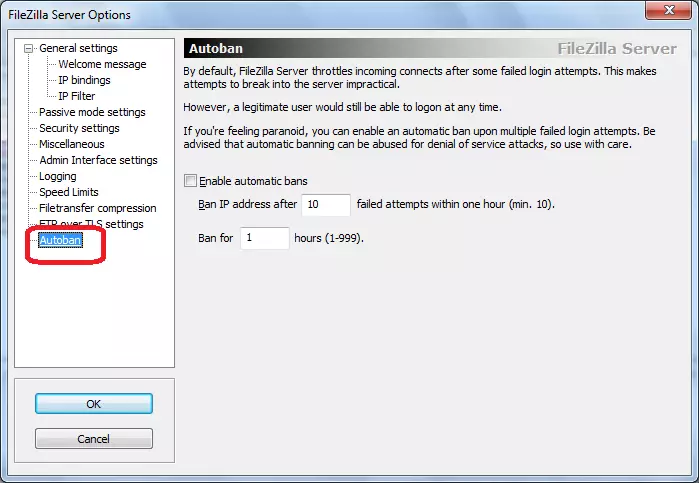 Autoban FileZilla Server.