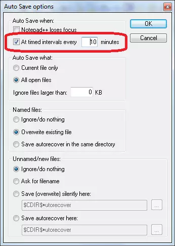 नोटपॅड ++ प्रोग्राममध्ये स्वयं जतन प्लगइनमध्ये फाइल जतन करण्याची वेळ सेट करणे