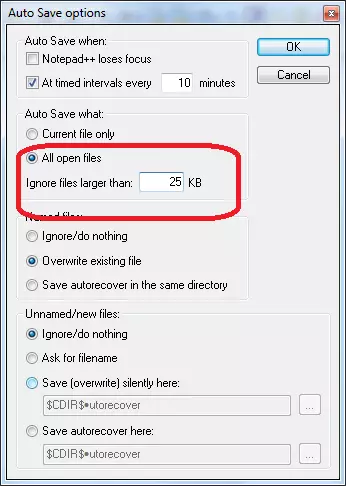 Določanje mini-velikosti datoteke v programu Auto Shrani v programu Notepad ++