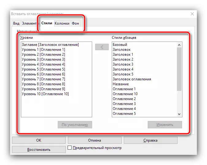Setelan konten meja tambahan ing dokumen OpenOffice kanggo nggawe konten