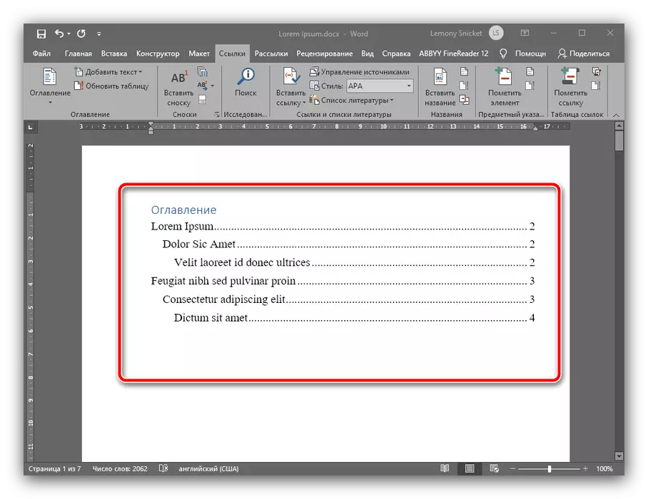 Índice pronto depois de criar um conteúdo no documento do Microsoft Word
