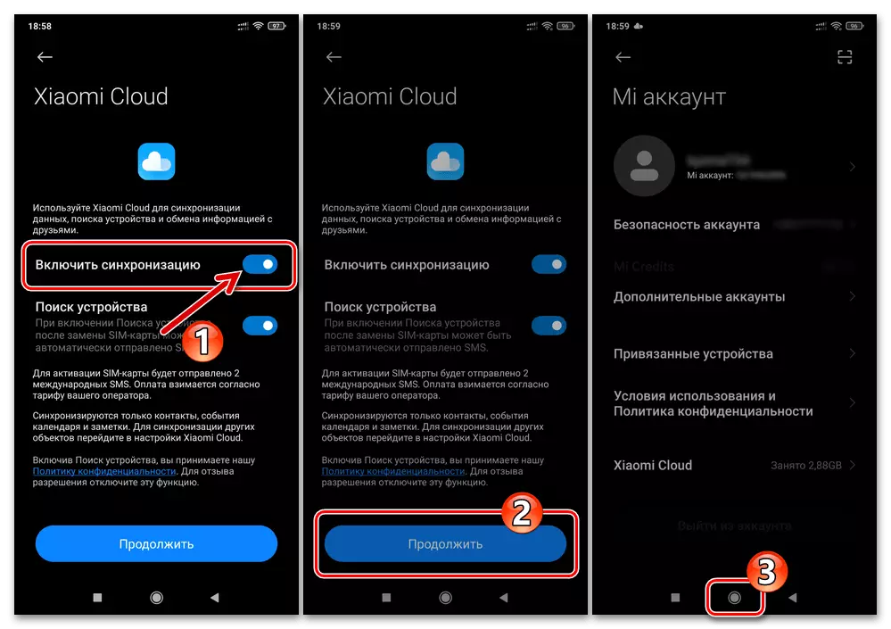 Xiaomi Miui Aktiverer synkronisering av informasjon på en smarttelefon med MI Cloud Service