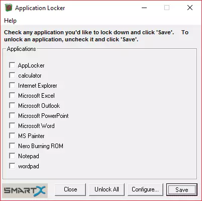 Pagrindinis Applocker ekranas sąrašų blokavimo programas