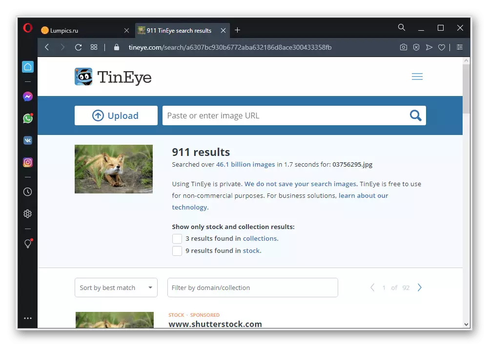 Un ejemplo de una búsqueda exitosa en la imagen en el sitio web del boleto Tineye