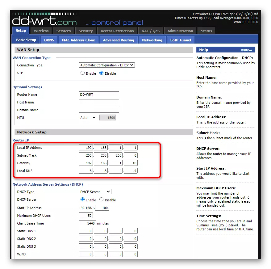 Изаберите параметре ИП адреса и сервера за конфигурирање рутера са ДД ВРТ фирмвером у режим репетитора