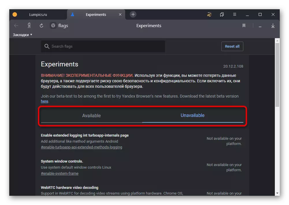 Kyk Lys van eksperimentele geleenthede in Yandex.Browser