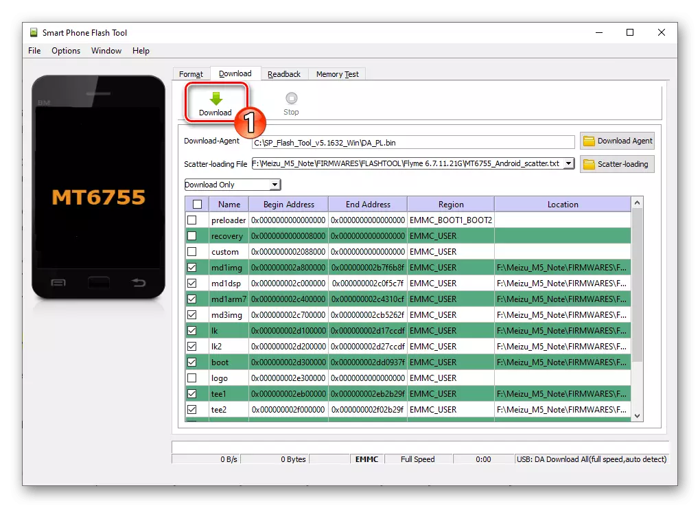 Meizu M5 Note SP Flash Tool Aktivering av fastvareinstallasjonsmodus på en smarttelefon i programmet