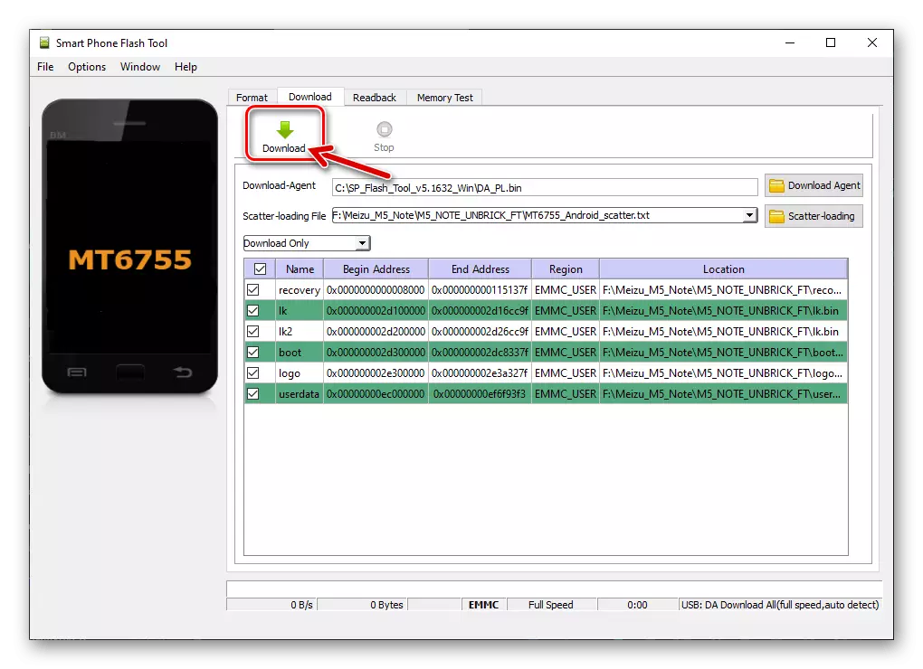 Meizu M5 Σημείωση Έναρξη της διάσπασης μέσω εργαλείου Flash SP - Επαναλάβετε μεμονωμένα τμήματα της μνήμης smartphone