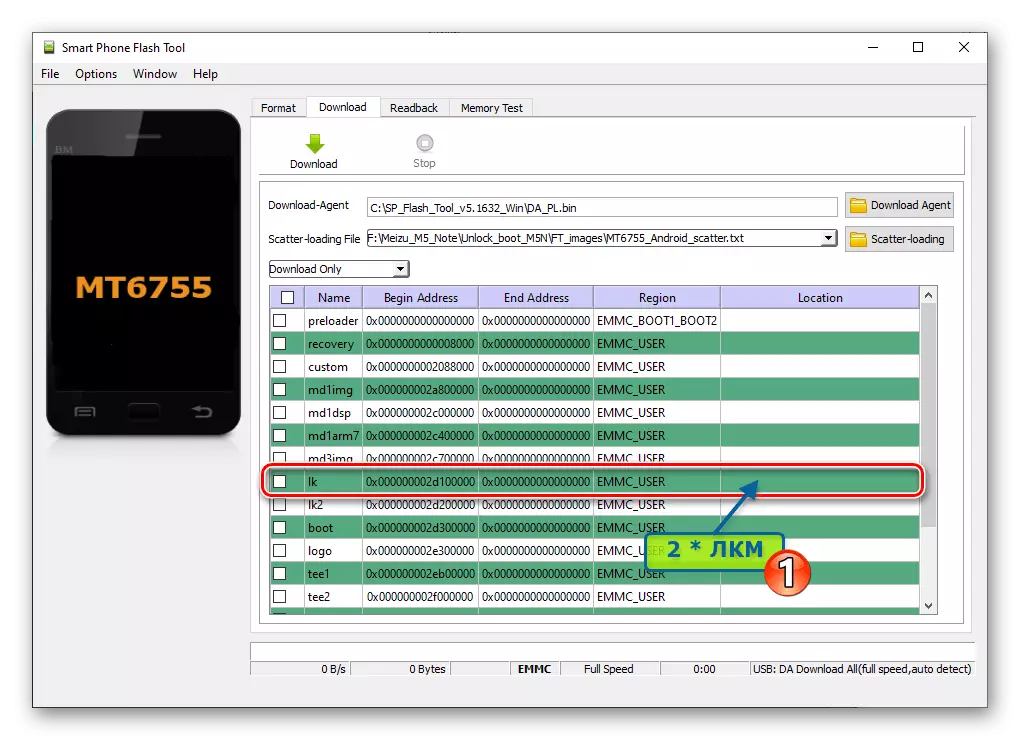 Meizu M5 Megjegyzés Unlock Loader Start Lk az SP flash eszközprogramban