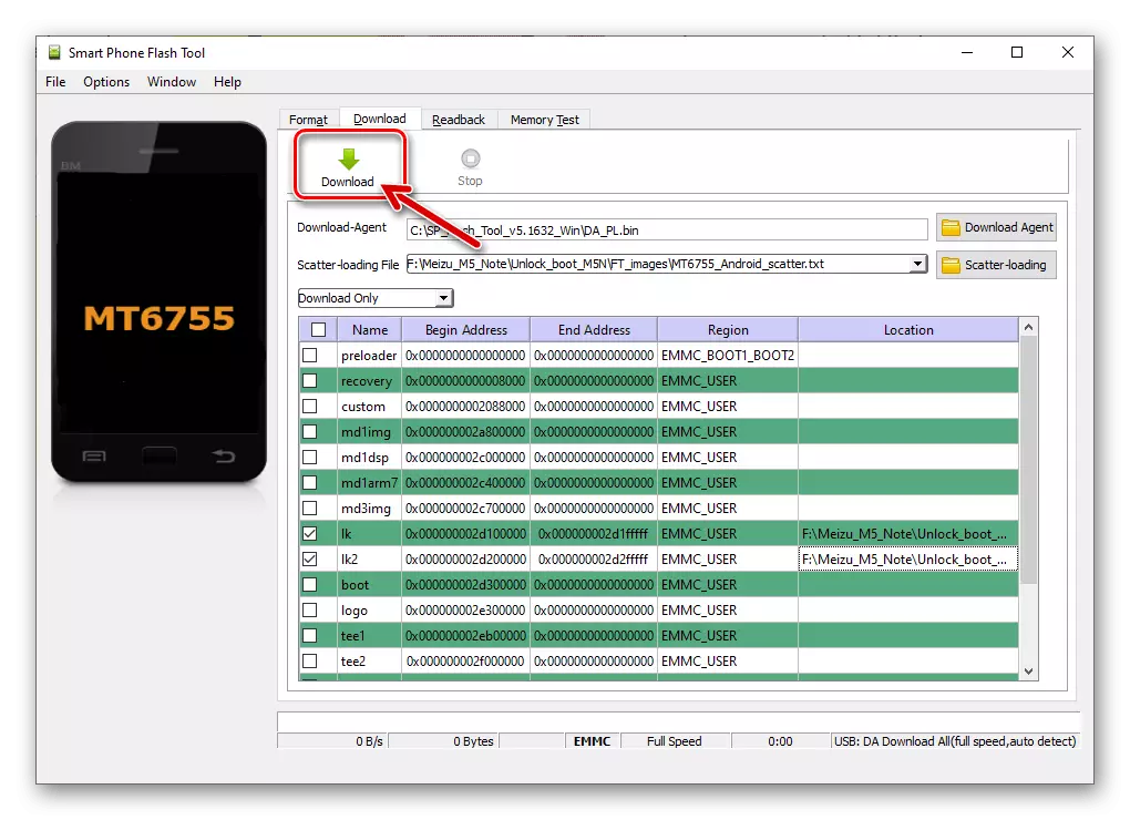 Meizu M5 Σημείωση Ξεκλείδωμα του bootloader - Firmware των δεδομένων LK και LK2 από μια εξειδικευμένη εικόνα μέσω του εργαλείου SP Flash