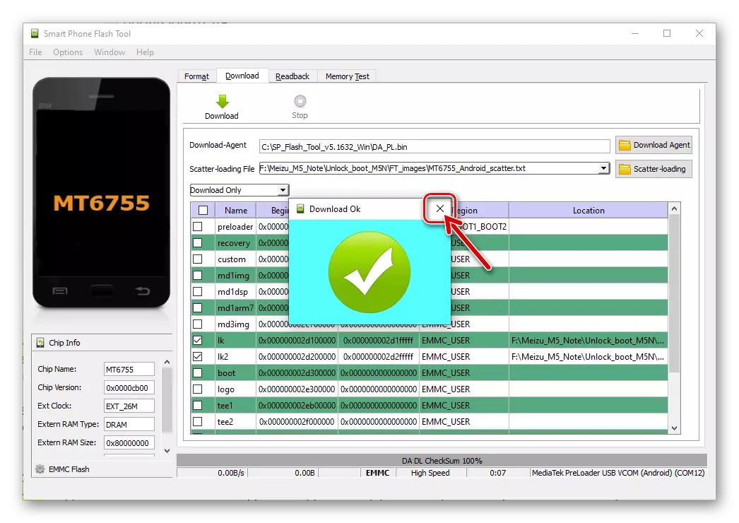 Meizu M5 Megjegyzés felülírja a partíciókat LK és LK2 VIA Flash eszközön, hogy kinyitja a Bootloader befejezését
