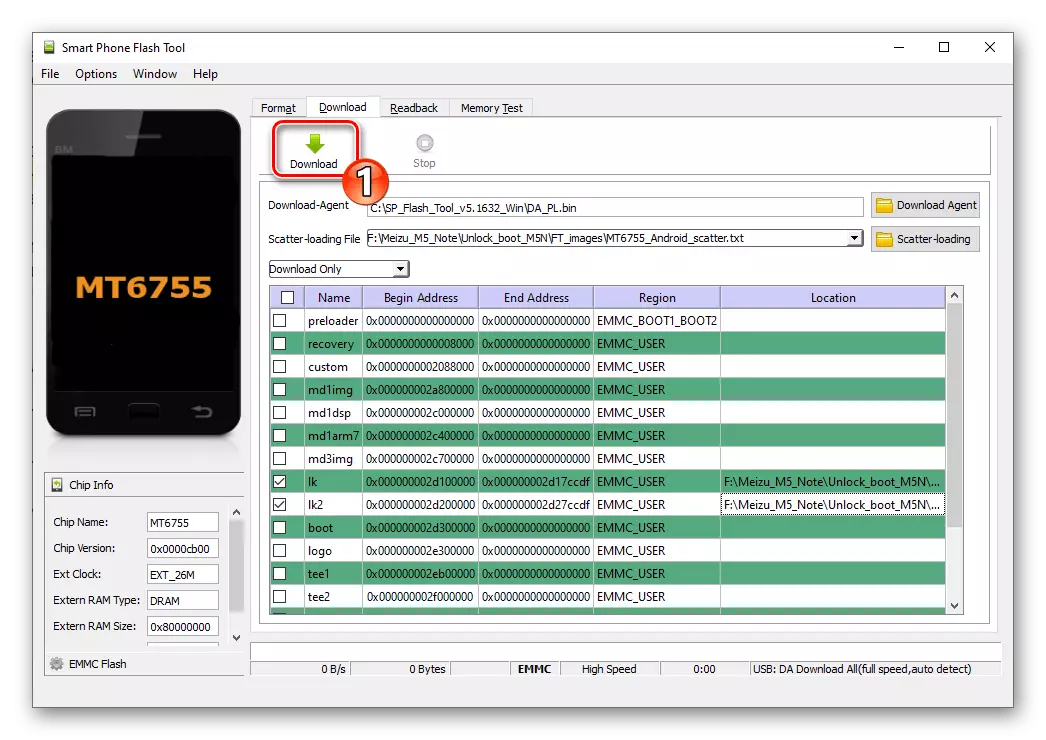 Meizu M5 Notatka zastępuje partycje LK i LK2 po odblokowaniu ładowarki o smartfonie za pomocą narzędzia SP Flash