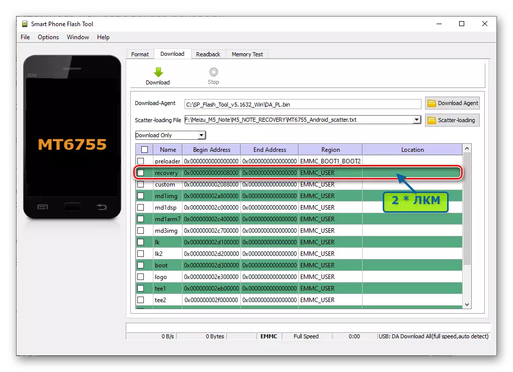 Meizu M5注意SP Flash工具在下載選項卡上安裝恢復 - 符號恢復