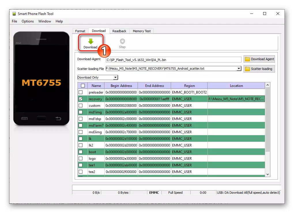 MEIZU M5 Qeyd SP Flash Aləti, Proqram vasitəsilə smartfon bərpa qurmağa başlayın