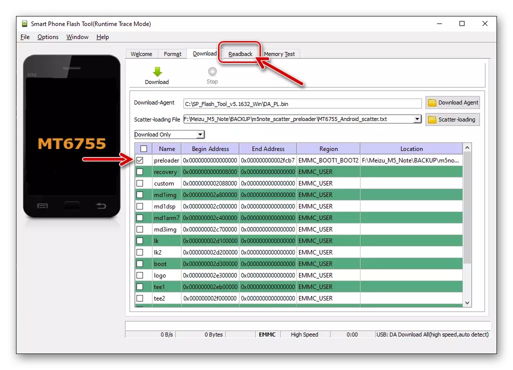 Meizu M5 Note SP Flash Tool LAST NED Tab når du oppretter en smarttelefon seksjoner backup, gå til readback programmer