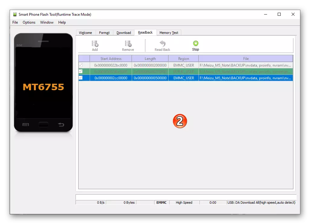 Meizu M5 Note SP Flash Tool Readback - Məlumat endirimi üçün bir smartfon bağlantısını gözləyən bir proqram