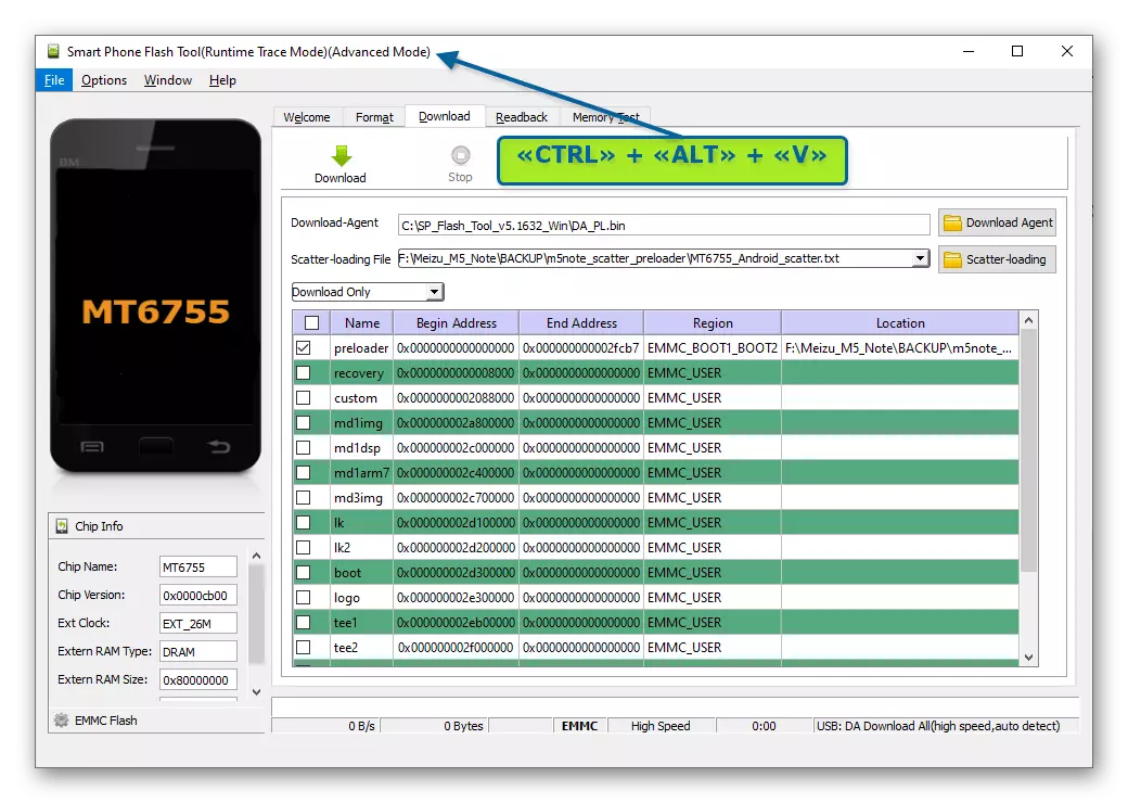 Meizu M5注意SP Flash工具程序翻譯到高級模式模式以訪問寫入內存部分
