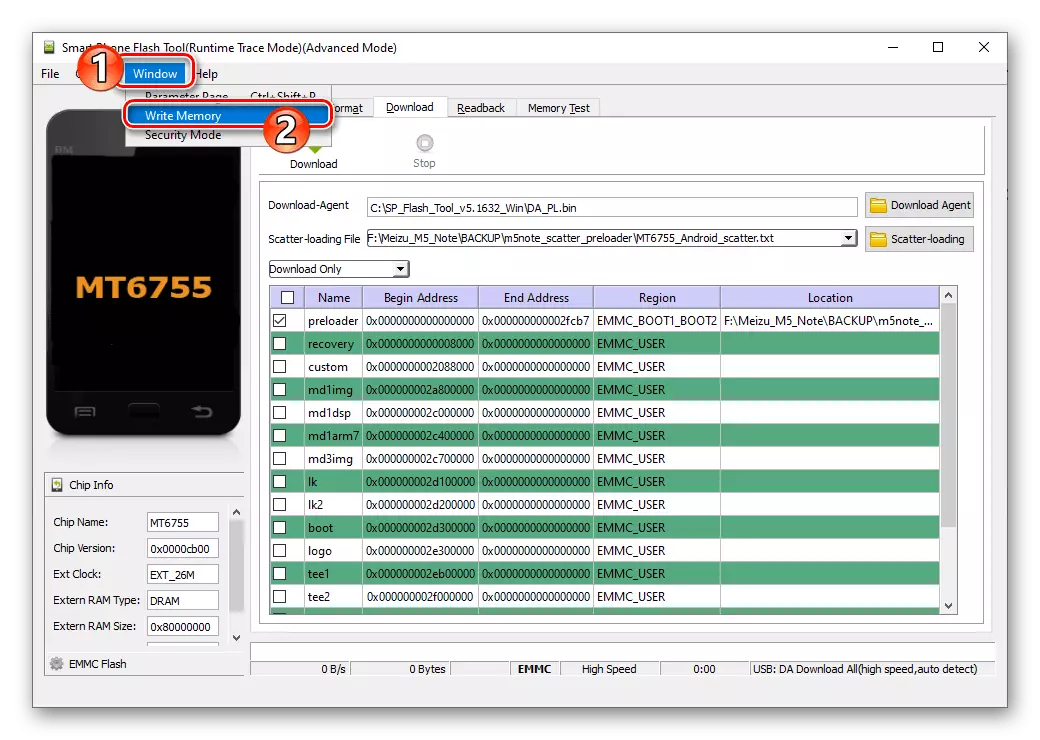 Meizu M5 Uwaga Sp Narzędzie Flash w trybie zaawansowanym - Calling kartę zapisu pamięci z menu Okno