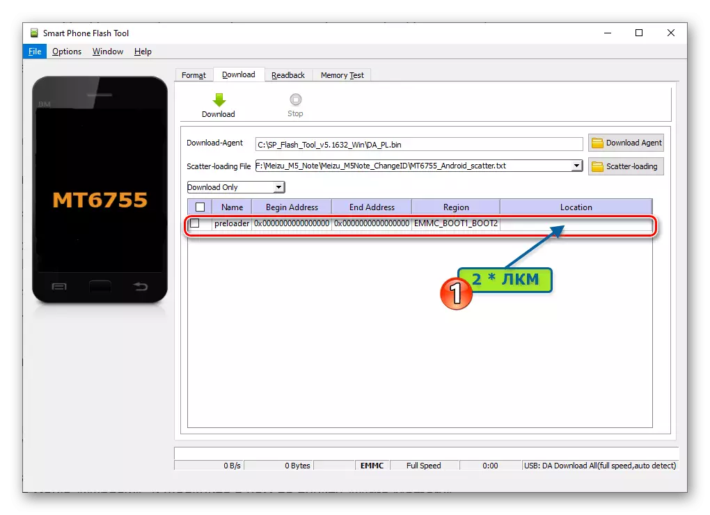 Meizu M5 Remarque Changement d'ID via SP Flash Tool Allez à la spécification du chemin d'accès au fichier de préchargeur dans le programme