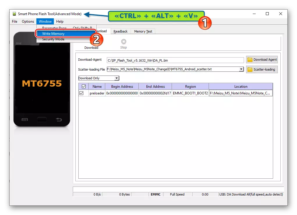 MEIZU M5 OPMERKING SP Flash Tool Vertaling van het programma in de geavanceerde modus, het tabblad Schrijfgeheugen openen