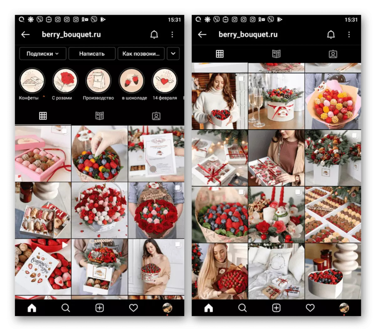 Instagramアプリケーションのプロファイル内のテーマ別出版物の例
