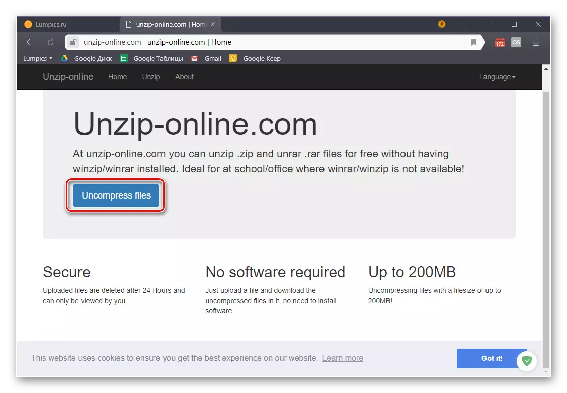 Hämta Zip-arkiv för att packa upp det på onlinetjänsten Unzip Online