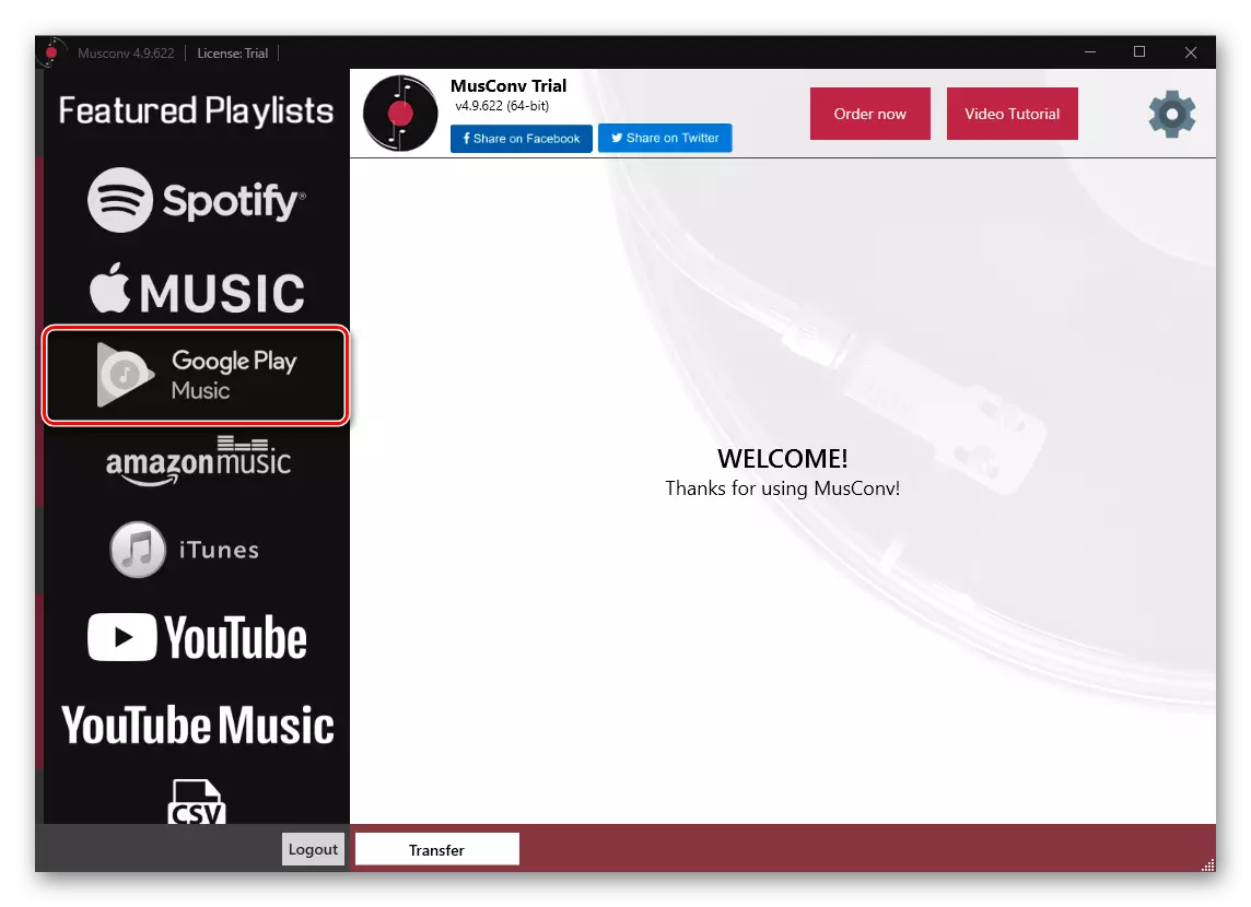Sélection d'une source de transfert de musique de Google Play Music à Spotify dans le programme MusConv