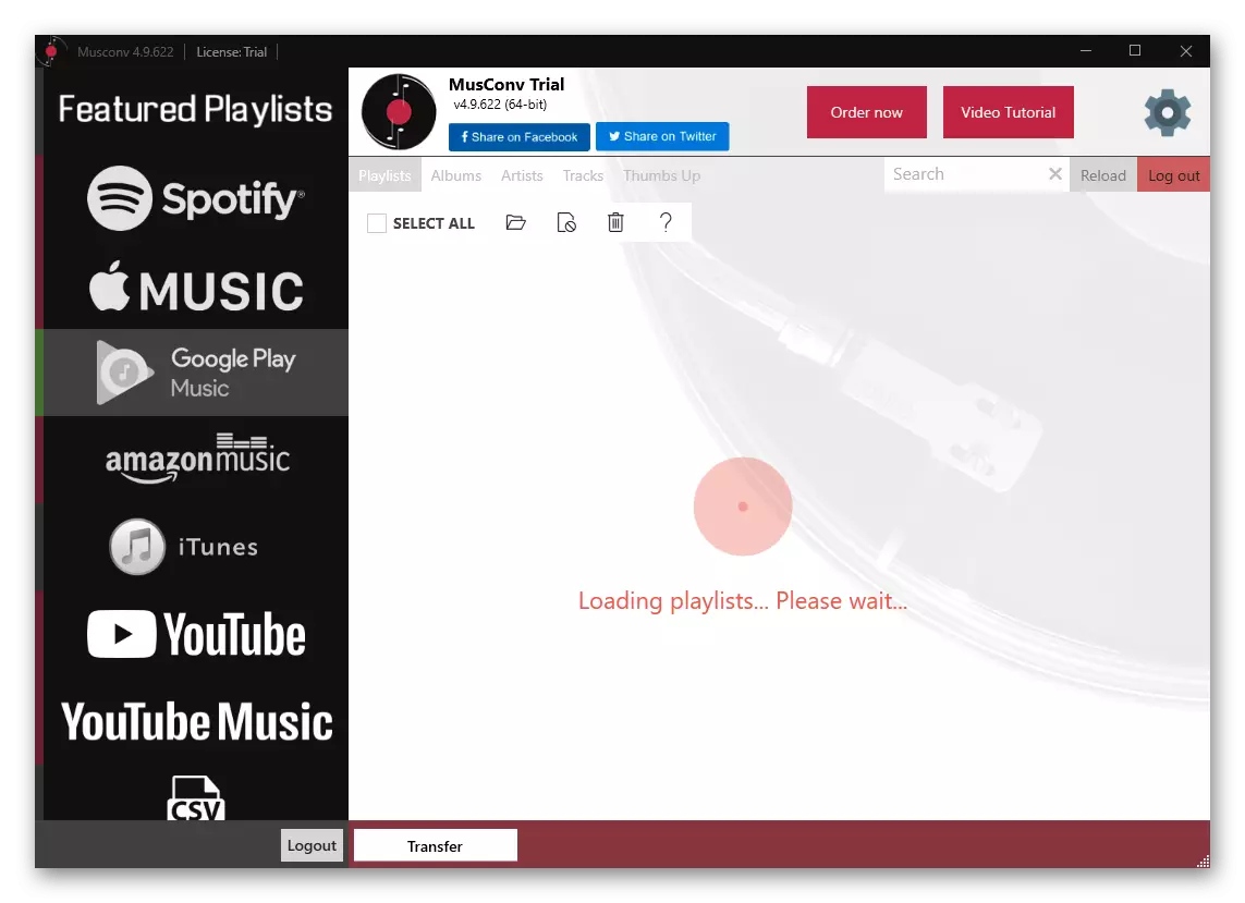 Чаканне загрузкі плэйлістоў з крыніцы для пераносу музыкі з Google Play Музыкі ў Spotify ў праграме MusConv