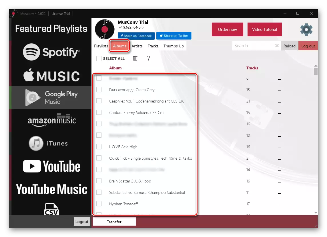 Google Play સંગીતમાંથી સંગીતને Musconv પ્રોગ્રામમાં સ્પોટિફાઇમાં સ્થાનાંતરિત કરવા માટે આલ્બમ્સ સાથે ટૅબ
