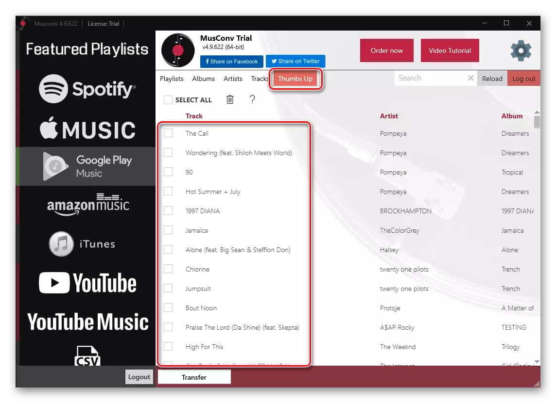 Musconv પ્રોગ્રામમાં Spotify માં Google Play સંગીત માંથી અલગ સંગીત ટ્રેક