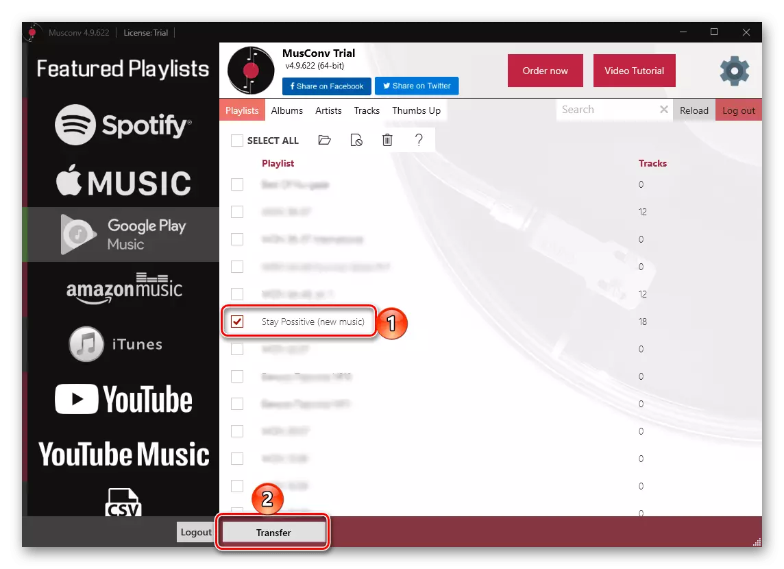 การเลือกเพลย์ลิสต์เพื่อถ่ายโอนเพลงจาก Google Play Music ใน Spotify ในโปรแกรม Musconv