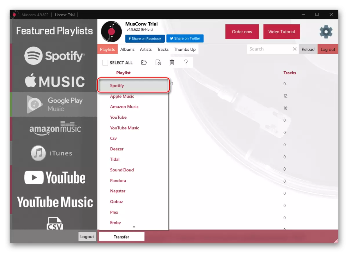 Selectarea platformei țintă pentru transferul de muzică de la Google Play Music în Spotify în programul MUSCONV