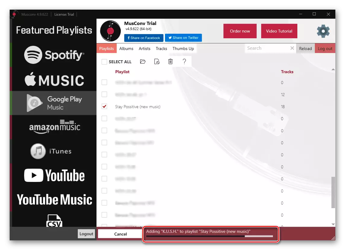 Musconv திட்டத்தில் Spotify இல் Google Play இசைக்கு இசை மாற்றுதல் செயல்முறை