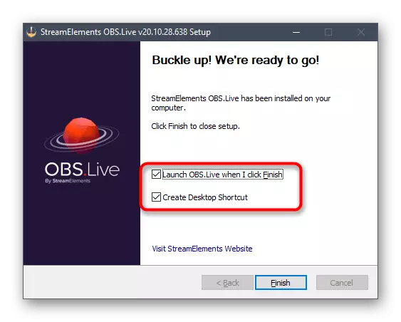 Suksesvolle voltooiing van die installering van die Streamelements-program in OBS vir Twitch