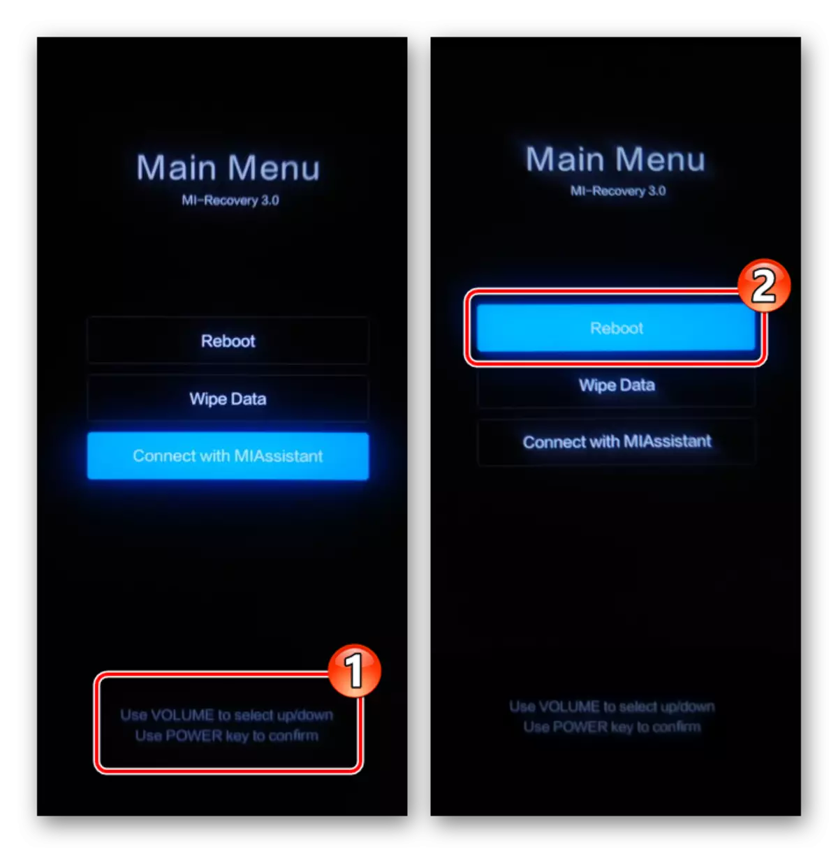 Xiaomi MIUI Main Menu (fabriek rekaveri) - beheer via hardeware knoppies - Kies Reboot funksie