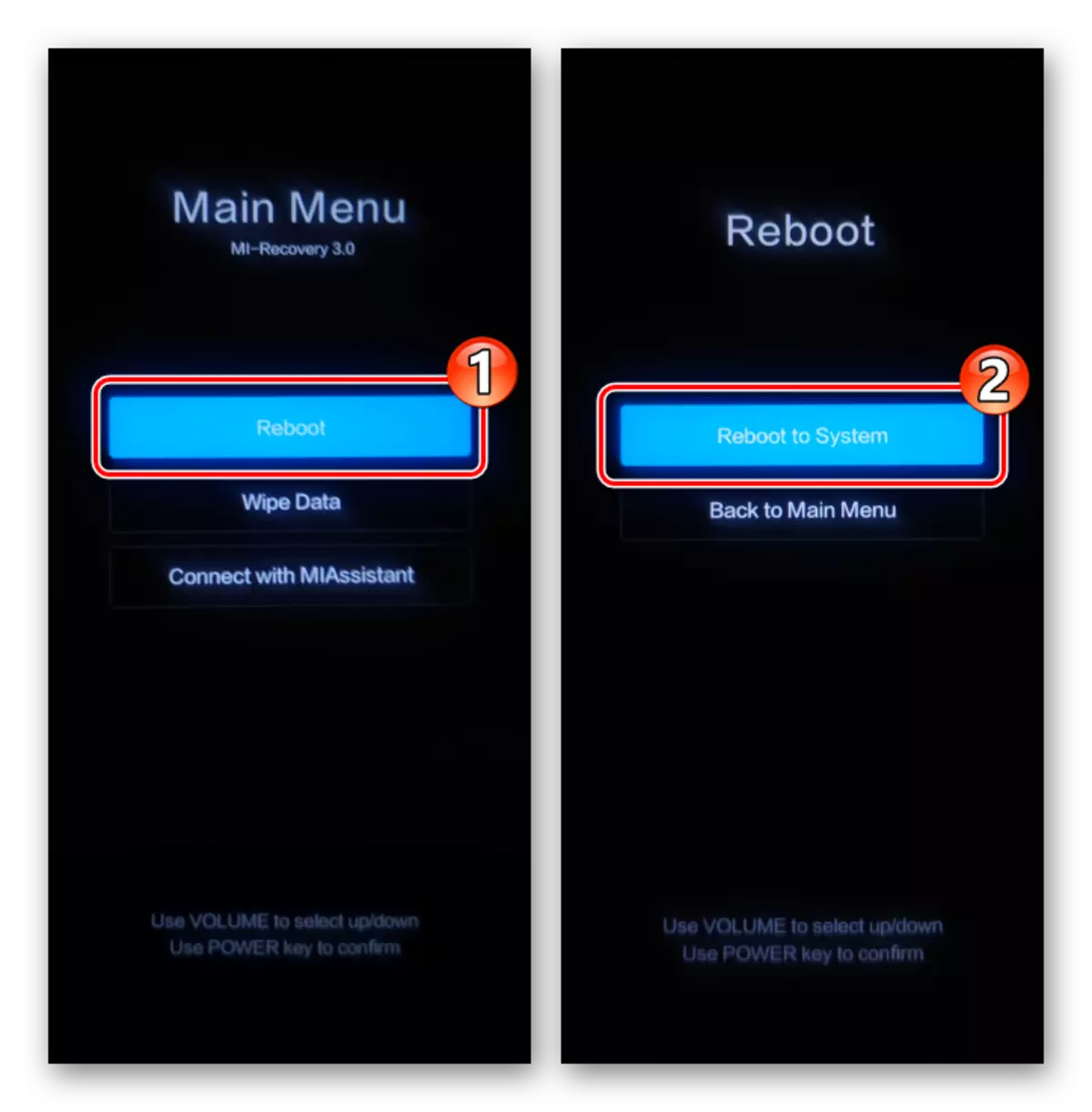 Xiaomi MIUI Заводскае рекавери - перазагрузка ў сістэму з дапамогай функцыі Reboot ў Main Menu