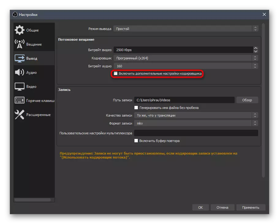 Opening additional encoder settings to check its preset in OBS