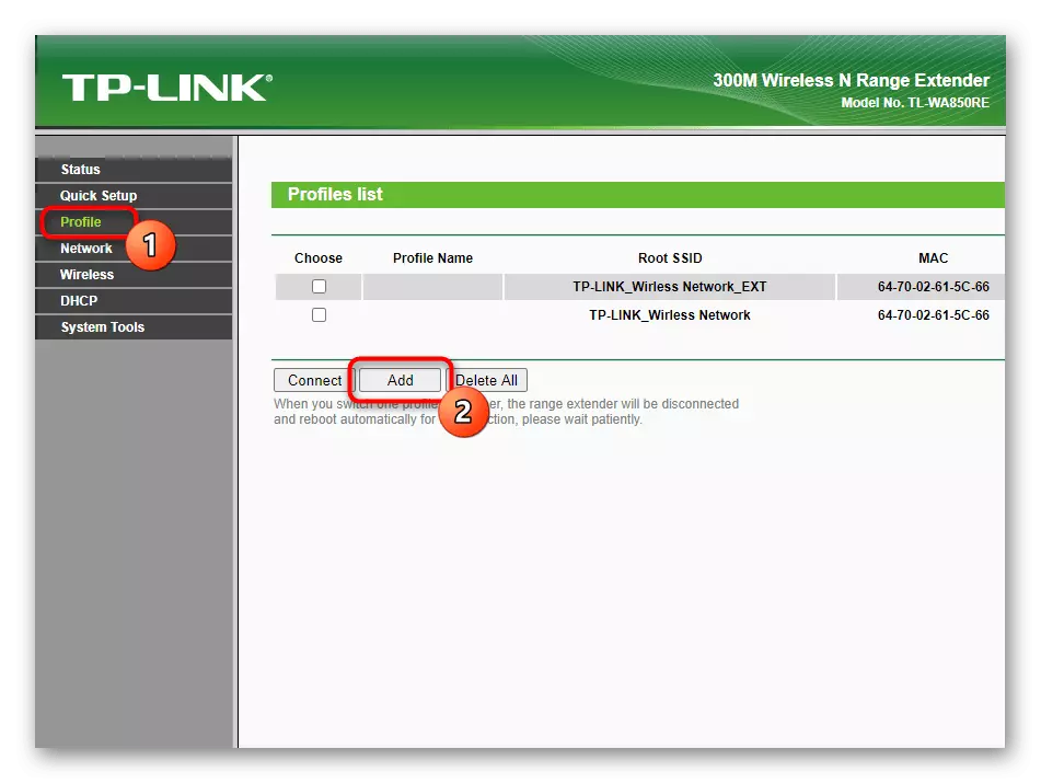 Oorgang na die toevoeging van 'n nuwe profiel vir die TP-LINK TL-WA850RE V1.2 versterker deur middel van sy web interface