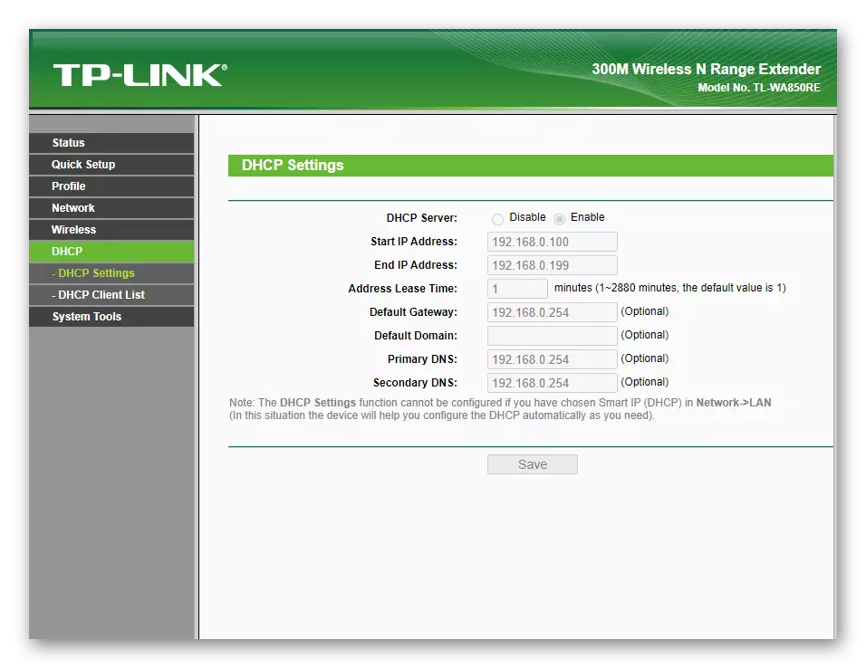 Teave DHCP serveri kohta TP-LINK TL-WA850Remplifier V1.2 seadistamisel V1.2