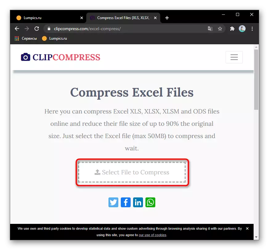 Ga naar de keuze van Excel-bestand via een online Clipcompress-service voor compressie