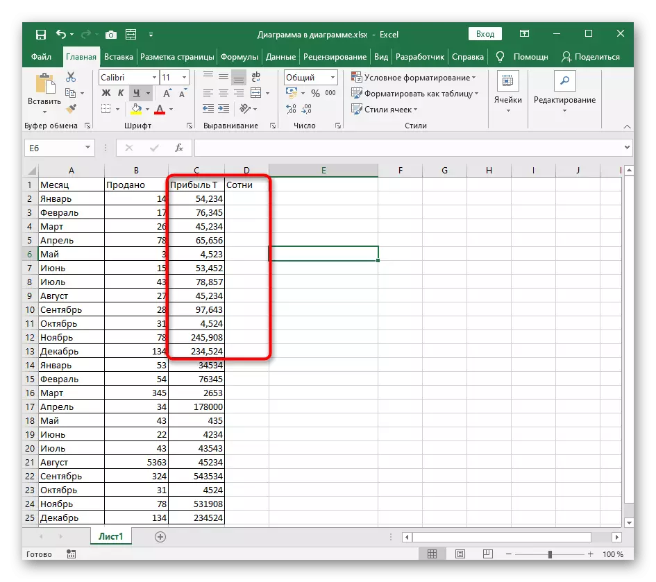 'N Voorbeeld van die ligging van die getalle voor die splitsing van die kolomme in Excel