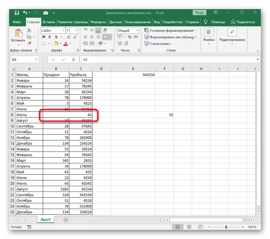 Таңдалған ұяшықтардағы деректер ауқымының қатысуымен Excel бағдарламасында сәтті ұяшық