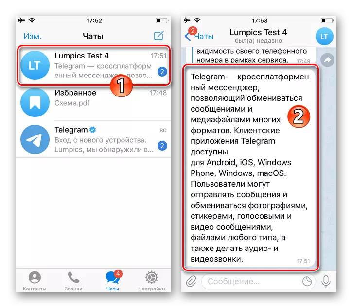 Telegram voor iOS-opening chat, bel het contextmenubericht in correspondentie