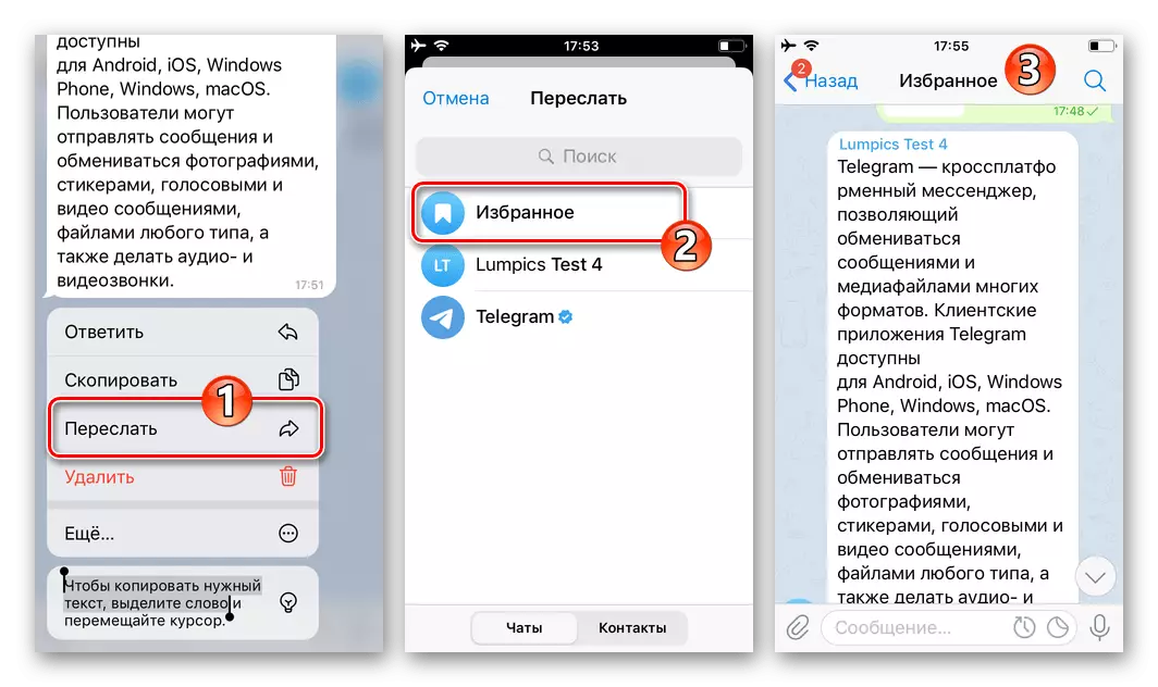 Telegram para enviar mensaxes de envío de iOS desde calquera chat no seu almacenamento no messenger - Favoritos